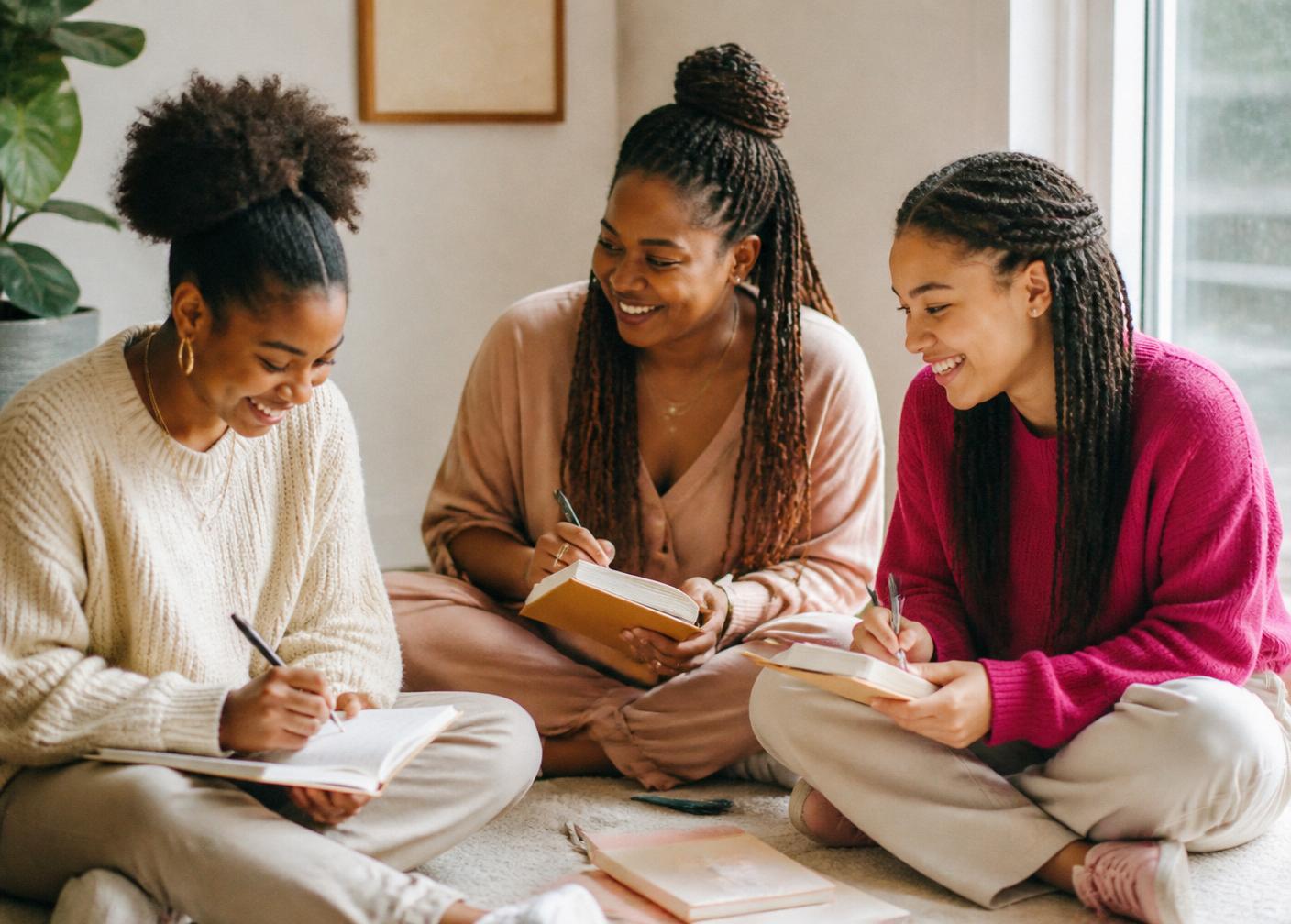 A woman mentor journaling on the floor with two teenage girls