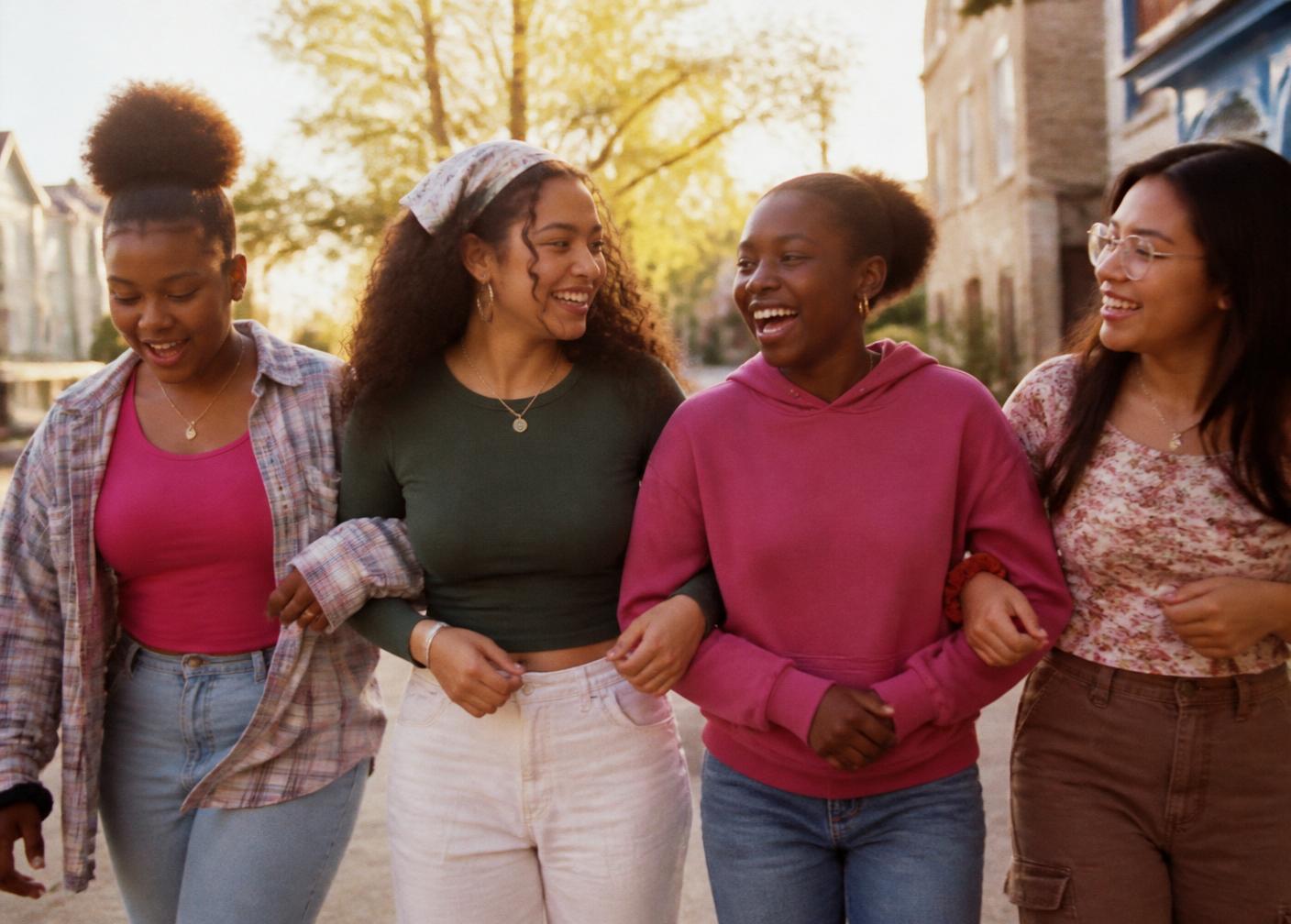 A group of girls walking together arm-in-arm at golden hour